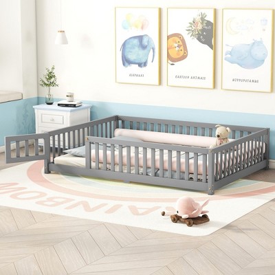 White Full Floor Bed with Guardrails & Door for Kids