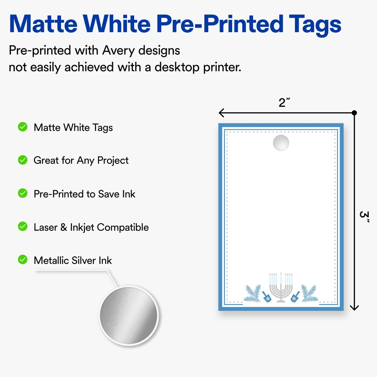 Avery® Tags, 2" x 3", Matte, Silver Menorah Frame, 160 - thumbnail 2