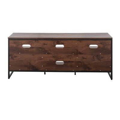 Modern Walnut Wood & Black Steel TV Stand with Cabinet