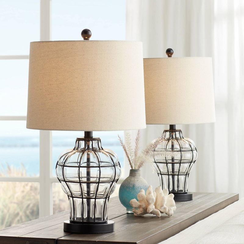 360 Lighting Hudson Rustic Table Lamps 23" High Set of 2 Dark Bronze Blown Clear Glass Gourd Burlap Fabric Drum Shade for Bedroom Living Room Bedside, 3 of 11
