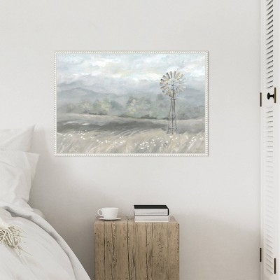 Country Meadow Windmill Scenic Landscape Canvas Print with White Floater Frame