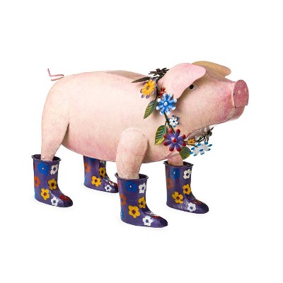 13.5" Handcrafted Metal Sculpture Pig with Flowered Purple Rain Boots - Evergreen