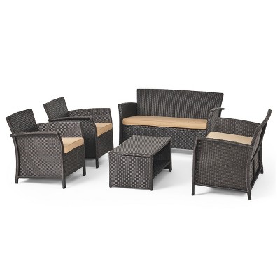 Christopher Knight Home Lucia Outdoor Wicker 6 Seater Chat Set with Cushion, Brown/Tan