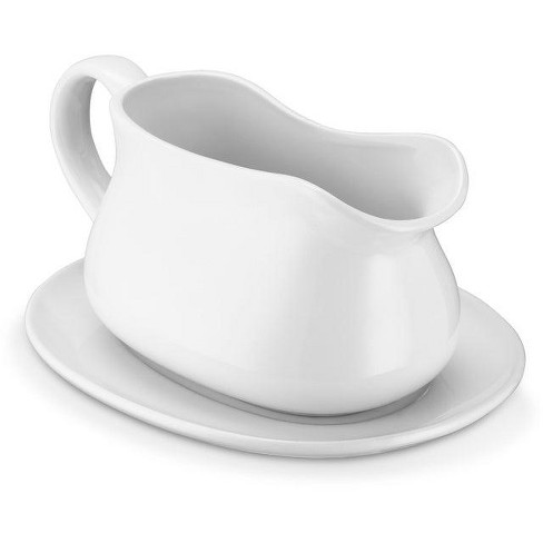 Over and Back 16.56 oz. White Ceramic Stoneware Gravy Boat and Warmer Stand (Set of 2)