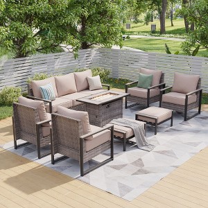 Sonkuki Patio Sofa Set with 45'' Fire Pit Table, All-Weather PE Rattan Wicker Patio Conversation Couch with Cushion - 1 of 4