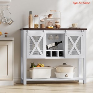 Entryway Coffee Bar Cabinet w/Sliding Barn Doors, Farmhouse Console Table w/ Stemware & Wine Racks, Sideboard Buffet Cabinet - 1 of 4