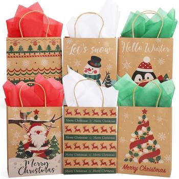 30Pcs Christmas Paper Gift Bags with Tissue Paper, Bulk Kraft Paper Bags with Handle