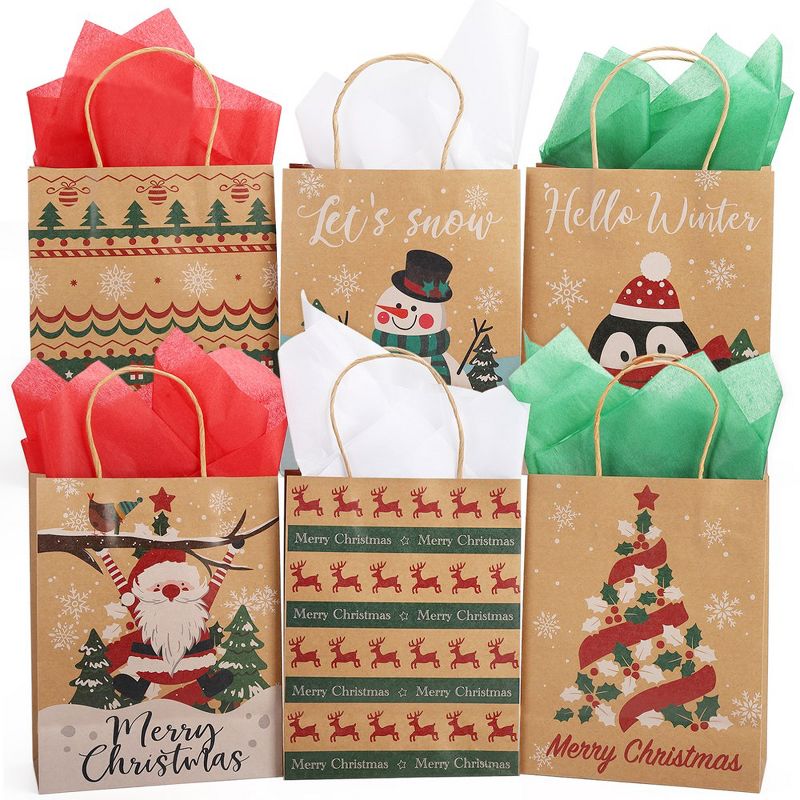30Pcs Christmas Paper Gift Bags with Tissue Paper, Bulk Kraft Paper Bags with Handle, 1 of 7