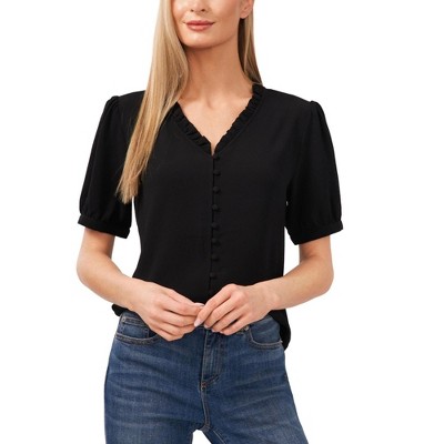 CeCe Womens Frill V Neck Button Down Blouse