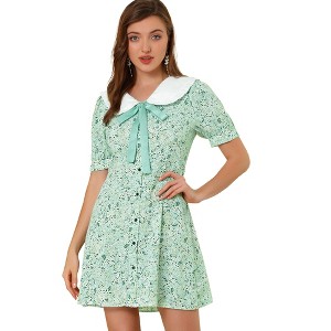 Allegra K Women's Peter Pan Collar Flowy Short Sleeve Ruffle Summer Floral Shirt Dress - 1 of 4
