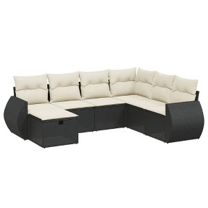 vidaXL 7 Piece Patio Sofa Set with Cushions Black Poly Rattan - Black and Cream Without Table - 1 of 4