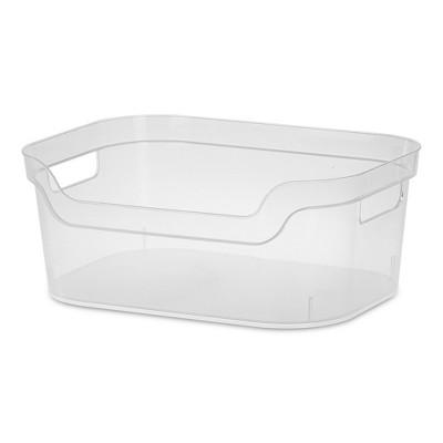 Sterilite 5.25x9.5x13 In Medium Polished Open Scoop Front Storage Bin w/ Comfortable Carry Through Handles for Household Organization, Clear