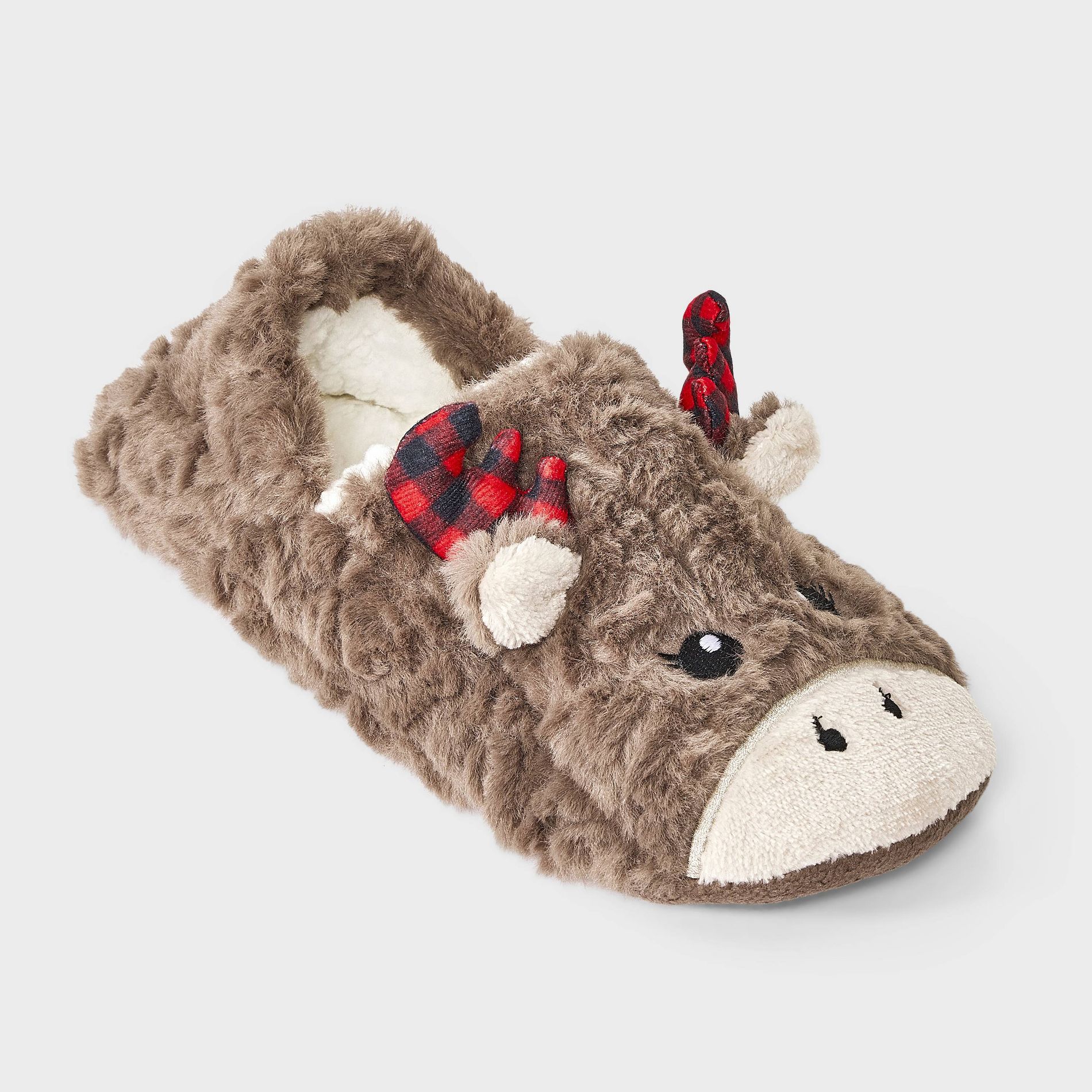 Women's Holiday Moose with 3D Antlers Christmas Faux Fur Slipper Socks with Grippers - Wondershop™ Brown