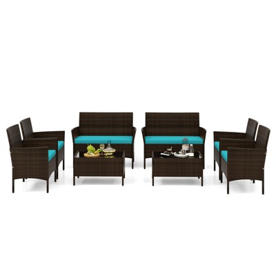 Tangkula 8 Piece Patio Rattan Conversation Set Outdoor Wicker Furniture Set w/ Chair Loveseat & Tempered Glass Table Beige/Black/Gray/Navy/Turquoise