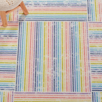 Ivory and Blue Geometric Stripes Kids Playhouse Rug, 6'7" x 9'
