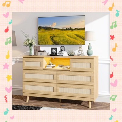 Garvee Modern Rattan Dresser with LED Lighting & Charging Station - 6 Drawer Storage Cabinet