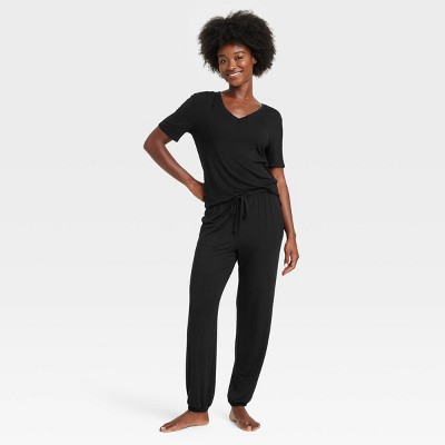 Image of Women's Cloud Knit Short Sleeve Top and Jogger Pants Pajama Set - Auden™ Black XL