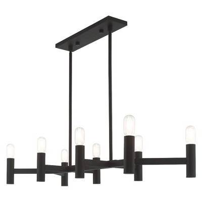 Black Steel 8-Light Linear Chandelier with Exposed Bulbs