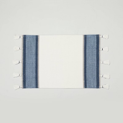 20" x 32" Color Block Stripe Tassels Bath Rug Faded Blue/White - Hearth & Hand™ with Magnolia