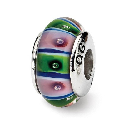 Black Bow Jewelry Glass and Sterling Silver Green & Pink Striped Bead Charm, 13.25mm