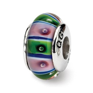 Black Bow Jewelry Glass and Sterling Silver Green & Pink Striped Bead Charm, 13.25mm - 1 of 3