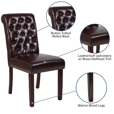 Brown Leather Parsons Side Chair with Walnut Finish