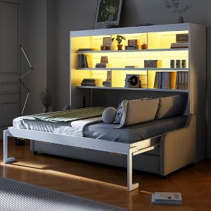 Full Size Murphy Bed with Folding Sofa, Built-in Storage Shelves and LED Light - 1 of 4
