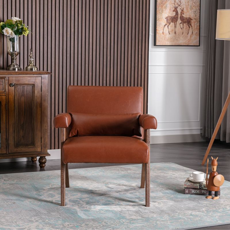 Megan 27.56" Wider Armchair Faux Leather Seat and Lumbar Pillow With Walnut "V" Shape Solid Wood Legs Accent Chair With Arm Pads-The Pop Maison, 1 of 10