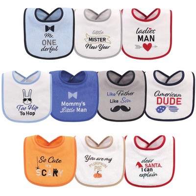 Hudson Baby Infant Boy Cotton Terry Drooler Bibs with Fiber Filling 10pk, Holiday Boy Onederful, One Size