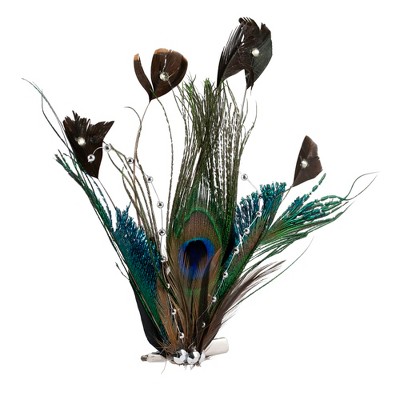 Peacock Feather Clip-On Ornament with Faux Crystals and Beads