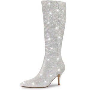 Allegra K Women's Pointy Toe Sparkle Glitter Stiletto Heel Knee High Boots - 1 of 4