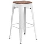 Emma and Oliver 30"H Backless White Metal Barstool with Square Wood Seat