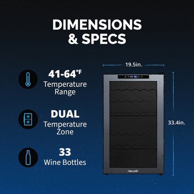 Newair 33 Bottle Black Freestanding Wine Refrigerator with Mirrored Glass Door