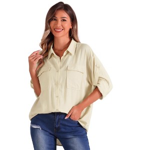 Allegra K Women's Loose Point Collar Roll-up Long Sleeve Button Down Shirts - 1 of 4