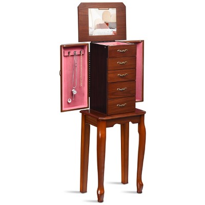Tangkula Jewelry Cabinet Armoire Cambered Front Storage Chest Stand Organizer Dark Walnut