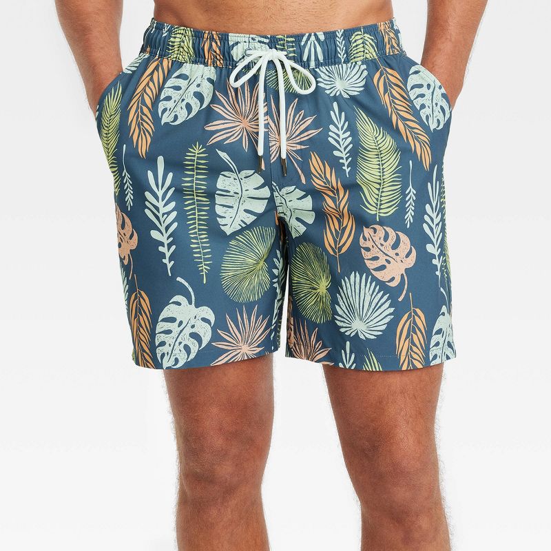 Men's 7" Leaf Print Swim Shorts with Boxer Brief Liner - Goodfellow & Co™ Navy Blue, 1 of 6