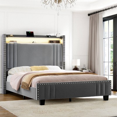 WOWLIVE Queen/King Upholstered Bed Frame with Storage Wingback Headboard, Modern Platform Bed Frame with Outlet & LED Light