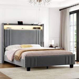 WOWLIVE Queen/King Upholstered Bed Frame with Storage Wingback Headboard, Modern Platform Bed Frame with Outlet & LED Light - 1 of 4