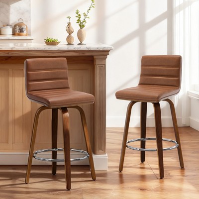 Bekrvio 26"/29" Swivel Bar Stools Set of 1/2, Faux Leather Upholstered Counter Chairs with Wood Legs, Mid-Century Seating for Kitchen Island