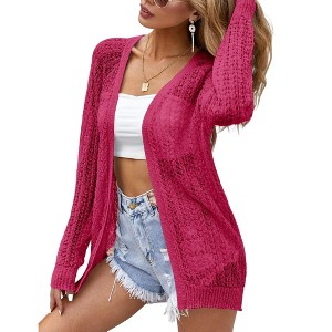 Womens Summer Lightweight Cardigan Long Sleeve Open Front Loose Beach Crochet Cover Up - 1 of 2