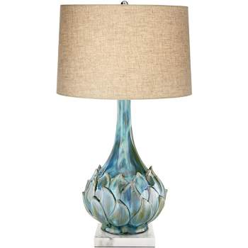 Possini Euro Design Kenya Modern Table Lamp with Square White Riser 29 1/2" Tall Blue Green Ceramic Beige Linen Drum Shade for Living Room House Home