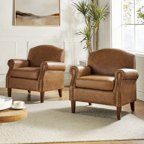 Set Of 2 Gianluigi Transitional Vegan Leather Armchair With Nailhead Trim For Bedroom And Living Room Artful Living Design camel Target
