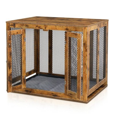 Munora Large Dog Crate Furniture with Tray, Indoor Wooden Kennel Pet House, Modern Decorative End Side Table Nightstand, Rustic Brown