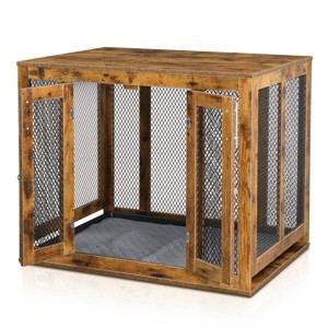 Munora Large Dog Crate Furniture with Tray, Indoor Wooden Kennel Pet House, Modern Decorative End Side Table Nightstand, Rustic Brown - 1 of 4