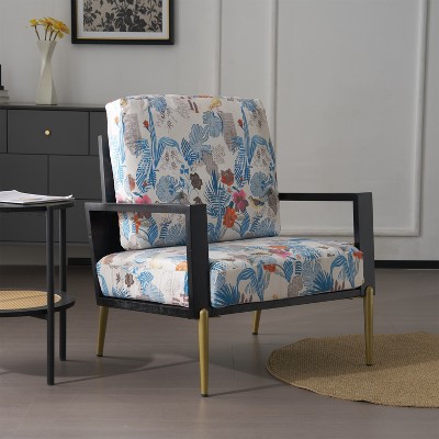 Vynxaria Oriental-American Fusion Floral Velvet Armchair 5.51" Thick Cushions, Adjustable Gold Metal Legs, Removable Washable Cover