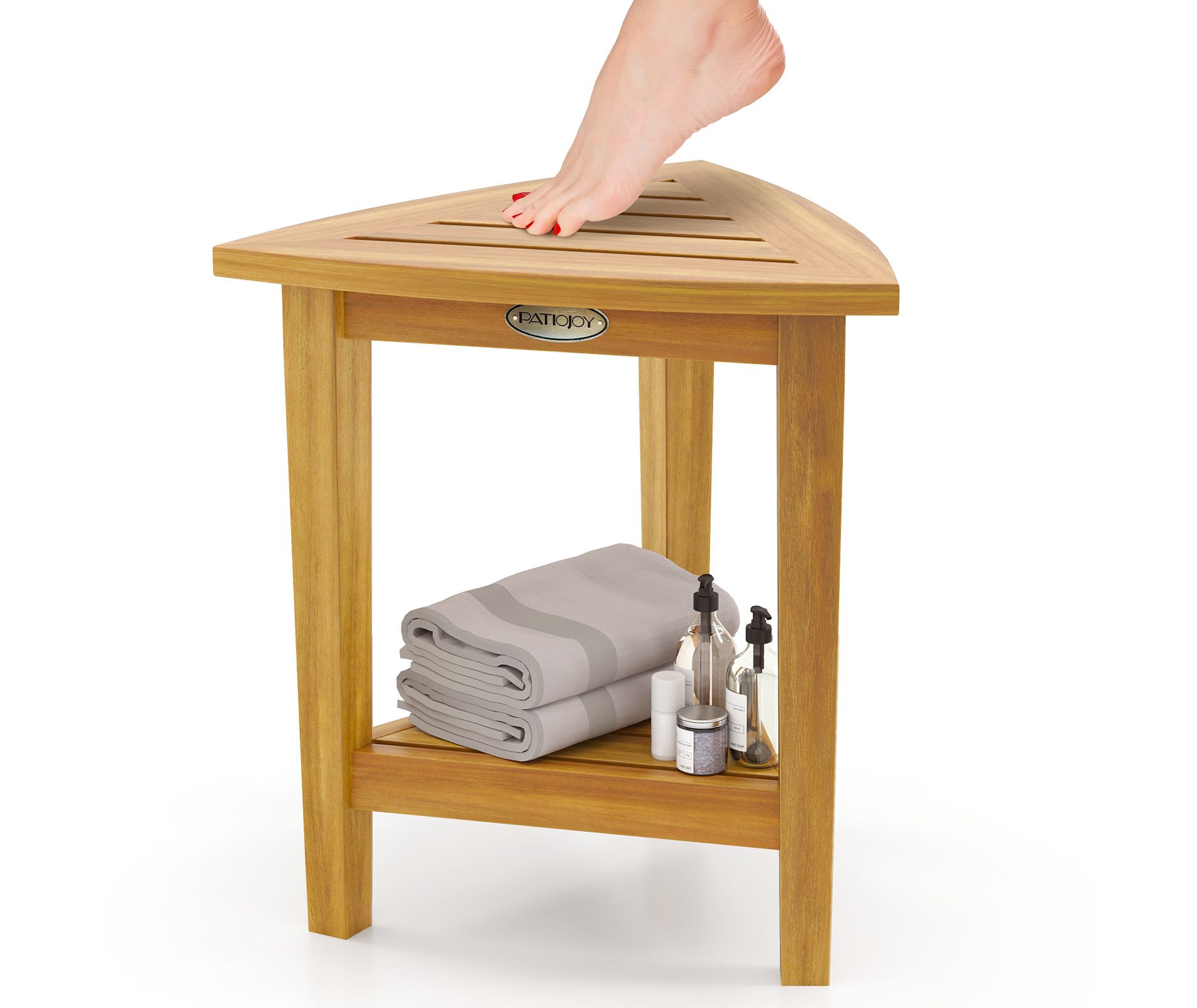 Tangkula Shower Stool Teak Wood Corner Bath Stool w/ Storage Shelf Shower Seat Chair