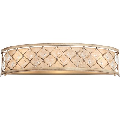 Regency Hill Jeweled Vintage Wall Light Gold Leaf Hardwire 25" Light 3-Light Bar Fixture Clear Crystal Fabric Inner Shade for Bedroom Bathroom Vanity