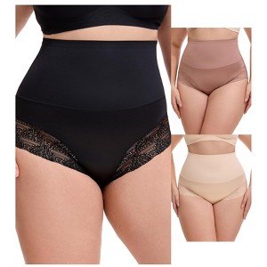 INSPIRE CHIC 3 Packs Women's Lace Trimmed Tummy Control High Waisted Soft Breathable Full Coverage Briefs - 1 of 4