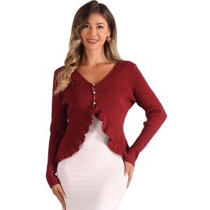 Allegra K Women's Long Sleeve Buttons Stretchy Ruffle V Neck Sweater Cardigan - 1 of 4