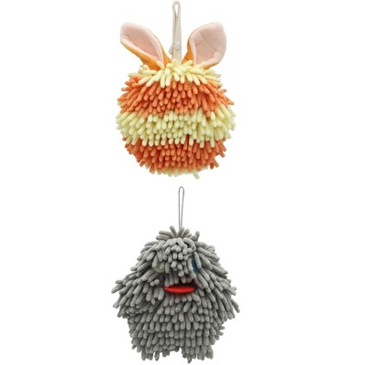 REGALWOVEN 2 Packs Fluffy Chenille Rabbit Shape Cute Soft Absorbent Hanging Ball Hand Towels 7" x 7"